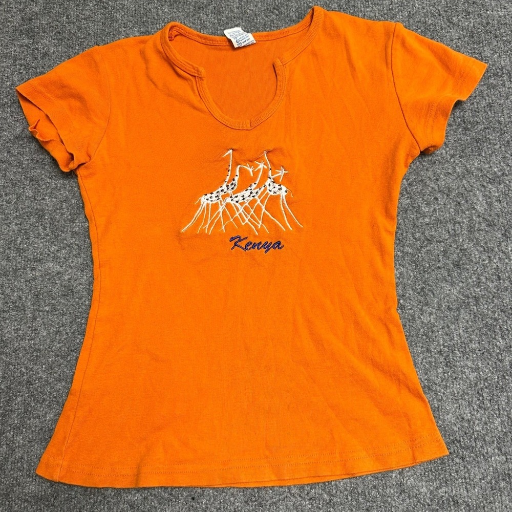 Kenya T-Shirt Womens Size S Orange Cotton Embroidered Giraffe Graphic Slim Fit